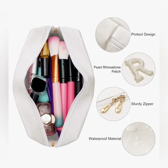 ♥️ Makeup Bag Bride Engagement Gift White Pearl Rhinestone Travel Toiletry Bag - Picture 3 of 6